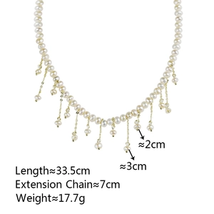 Vue détaillée du collier à franges de perles avec dimensions et longueur de 33,5 cm