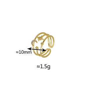 Detailed view of triple-layered star and moon ring with 10mm width measurement