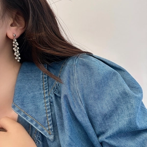 Chic silver beaded long drop earrings for women with minimalist metallic luster finish