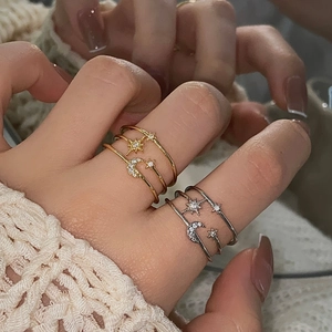 Three-layer celestial moon and star open ring with micro-set zircons for women