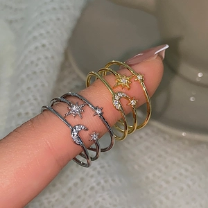Adjustable celestial moon and star ring set with micro-pave cubic zirconia crystals