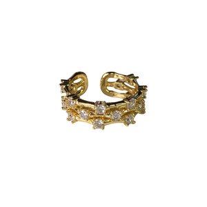 Elegant gold plated double row zircon ring with adjustable open band for women