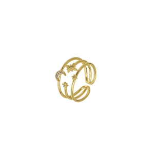 Adjustable gold layered star and moon open ring with cubic zirconia micro-inlays