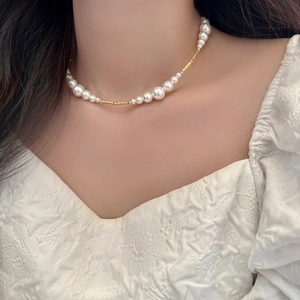 Elegant Faux Artificial Pearl Beaded Necklace For Women French Vintage Style Clavicle Chain With Gold Tone Copper Tube Accessories