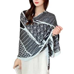 Elegant large black and white silk scarf with luxury geometric pattern for women