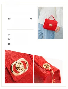 Macro view of red embossed leather handbag with gold double-ring buckle and chain strap