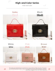 Collage of leather mini bags in red black white pink and brown with gold chain