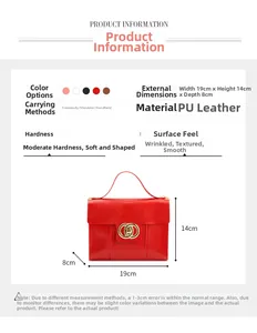 Size chart for red faux leather handbag with dimensions 19x14x8cm and gold hardware