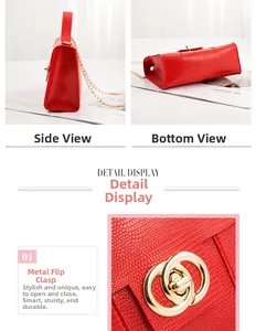 Macro detail of red lizard texture handbag with golden twist lock and chain strap