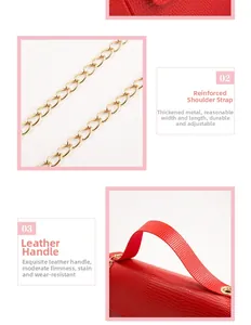 Detail of red embossed leather bag with golden metal chain strap and sturdy leather handle