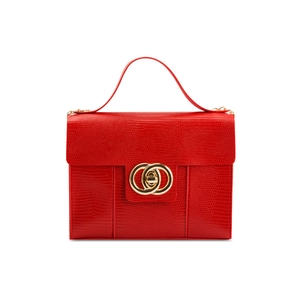Chic red lizard-embossed leather square handbag with golden double ring clasp closure