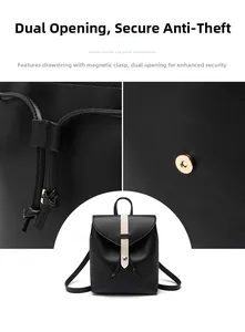Detail view of the secure drawstring closure and magnetic buckle on a black women bag