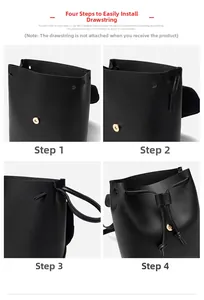 Step-by-step assembly guide for black bucket bag drawstring and magnetic gold clasp