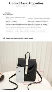 Size comparison of mini black backpack with white buckle versus a 5.5-inch smartphone