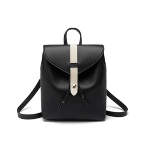 Women's minimalist black leather drawstring backpack with contrast white trim and gold buckle