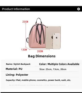 Mini zaino in pelle PU rosa con confronto dimensioni iPad e smartphone per portabilità