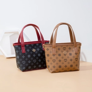 Vintage floral printed mini bucket tote bags in black and brown synthetic leather