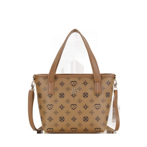Brown printed PU leather tote bag with gold clover metal buckle and heart pattern