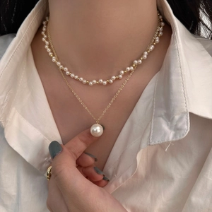 Layered Artificial Pearl Necklace Gold Plated Copper Elegant French Style Clavicle Chain With Large Artificial Pearl Pendant For Women