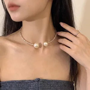 Minimalist Artificial Pearl Choker Necklace And Bracelet Jewelry Silver Color Crushed Copper Metal Adjustable For Women Girls