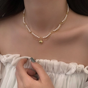 Heart Pendant Necklace Layered Copper Gold Plated Faux Artificial Pearl Jewelry For Women Elegant Romantic Style