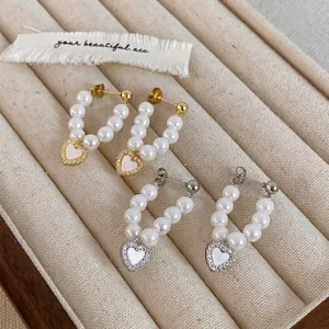 Heart Mother Of Artificial Pearl Earrings With Shell Artificial Pearl And Zircon Micro-inset Gold Plated Copper Elegant Jewelry For Women
