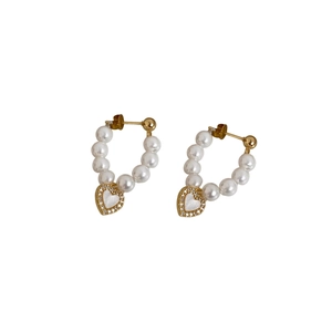 Elegant gold plated heart drop earrings with mother of pearl inlay and micro-set zircons