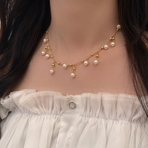 Elegant Freshwater Pearl Tassel Necklace Gold Plated Copper Vintage Clavicle Chain For Women
