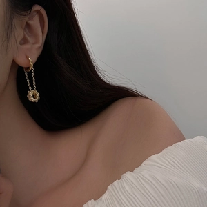 French vintage style gold dangling earrings with long tassels and zircon sphere pendants