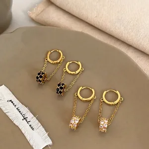 Retro Zircon Pendant Long Chain Dangle Drop Earrings Copper Gold Plated Minimalist Elegant Jewelry For Women