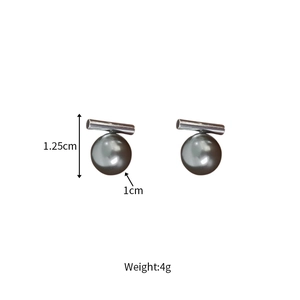 Detail showing dimensions of gray metal pearl earrings with 1.25cm height and 1cm sphere
