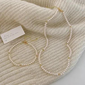 Elegant Artificial Pearl Necklace And Bracelet Minimalist French Style Copper Gold Plated Jewelry For Women Delicate White Beads