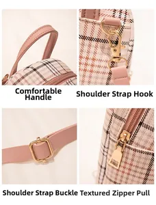 Detailed views of pink plaid backpack showing metal clasp, zipper, and textured leather handle
