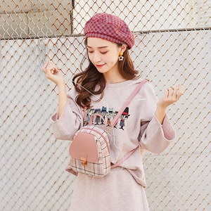 Women's plaid PU mini backpack and crossbody bag with pink leather flap and metal buckle