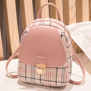 Pink plaid mini backpack with faux leather flap and gold metal buckle closure