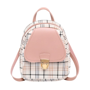 Pink plaid PU leather mini backpack for women featuring heart flap and gold hardware