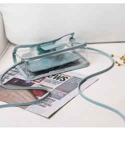 Detailed close-up of a clear PVC crossbody bag with light blue trim on a newspaper