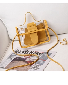 Detail of yellow transparent PVC mini crossbody bag with faux leather inner pocket