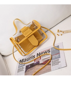 Detail of yellow transparent PVC crossbody bag with matching inner pouch and long strap