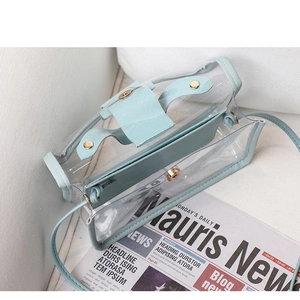 Detail view of transparent PVC crossbody bag with mint blue leather trim and magnetic closure