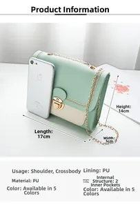Mini crossbody bag size guide 17x14x5cm shown next to iPhone for scale