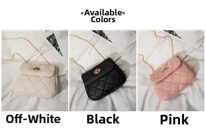 Chic quilted chain bags in off-white, black, and pink with metal twist locks and gold straps