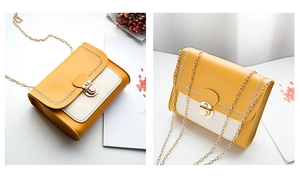 Detail of yellow and beige patchwork crossbody bag with gold chain and wavy stitching