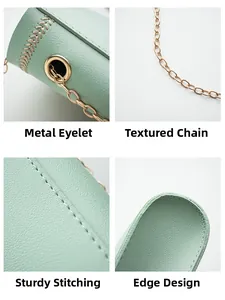 Detail shots of mint green bag featuring metal grommets, gold chain, and white stitching