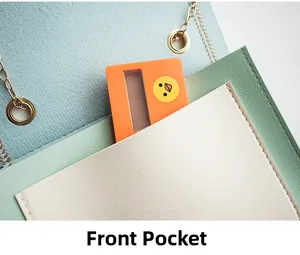 Detail of the front slip pocket on a textured faux leather crossbody bag with chain strap