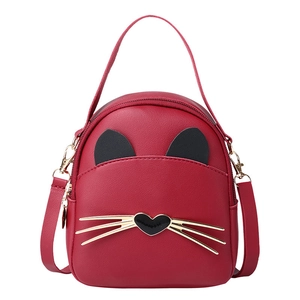 Cute red PU leather cat backpack for women with gold whiskers and adjustable straps