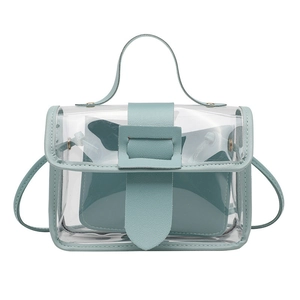 Borsa a tracolla in PVC trasparente con finiture in pelle azzurra e pochette interna