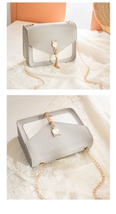 Detail of grey crossbody bag with cat pearl buckle and hanging gold tassels