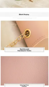 Detail display of pink leather bag with gold chain strap and textured lychee pattern finish