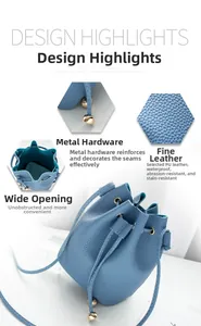 Detail view of water-resistant blue PU leather bucket bag with litchi grain texture